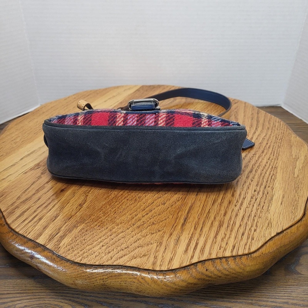 Coach Red and Navy Plaid Wool Satchel with Leather Trim - Picture 10 of 16